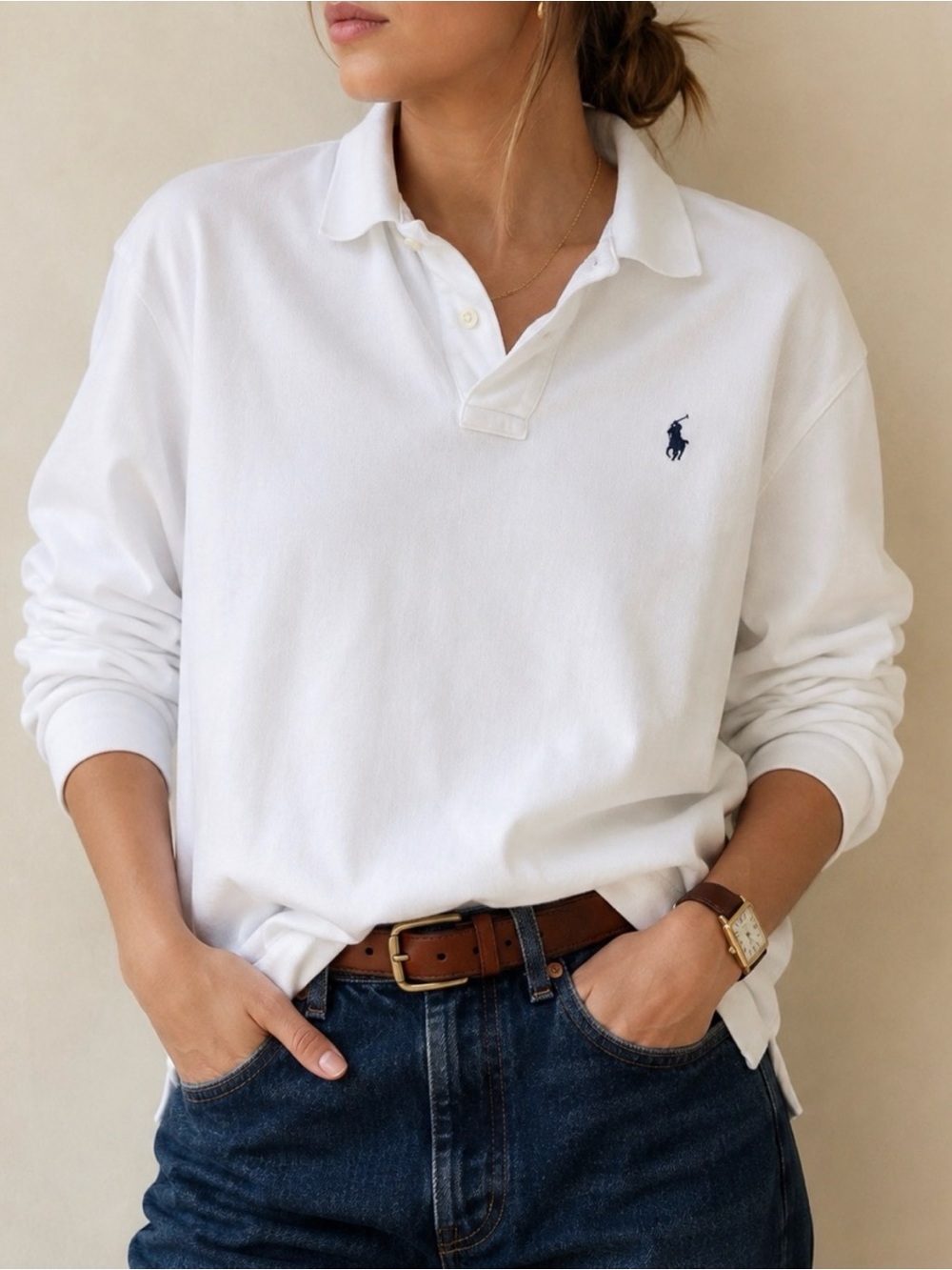 Vintage Polo Ralph Lauren White Long Sleeve Polo Shirt Navy Pony Preppy M